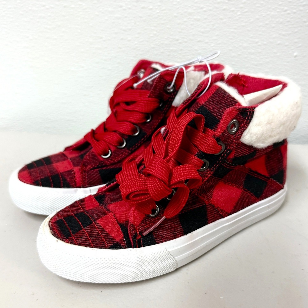 Streetwear Kids Girls Red Buffalo Plaid High Top Sneaker Faux Sherpa 13 Gorpcore